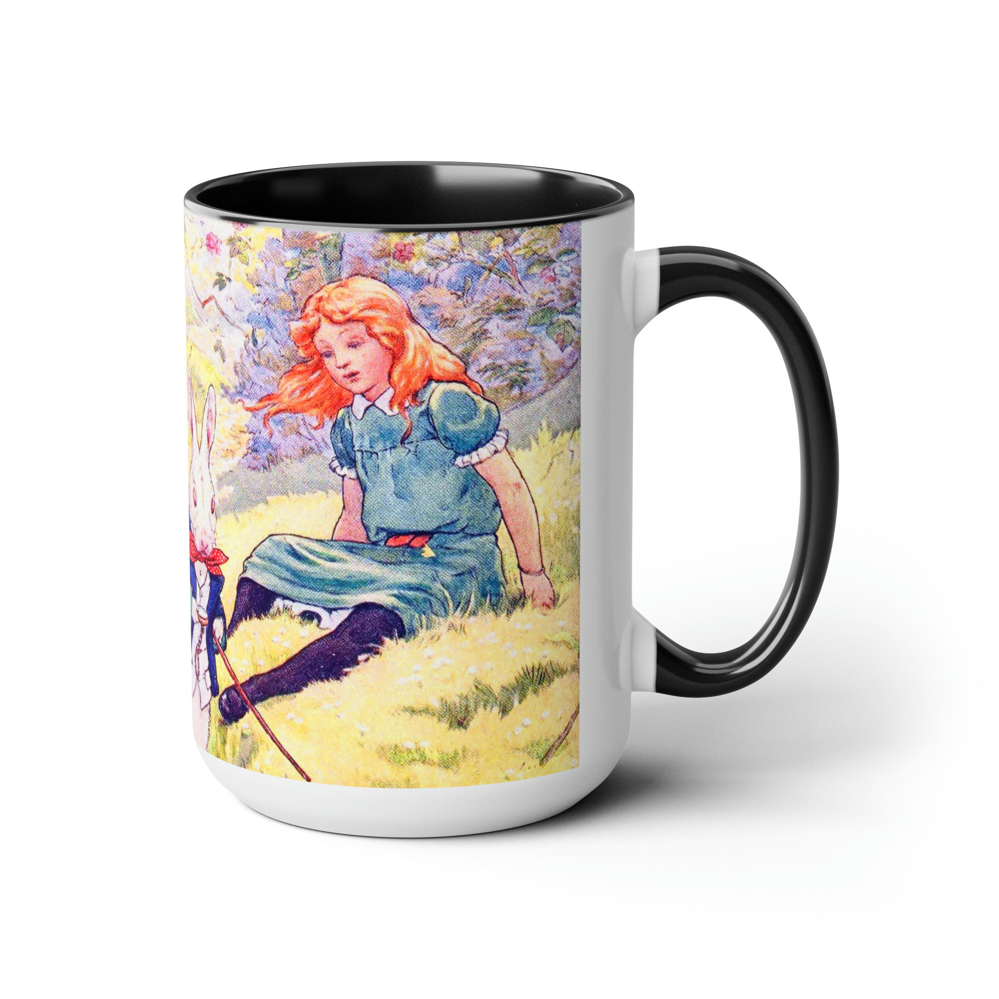 Alice with White Rabbit Colored Mug — Black